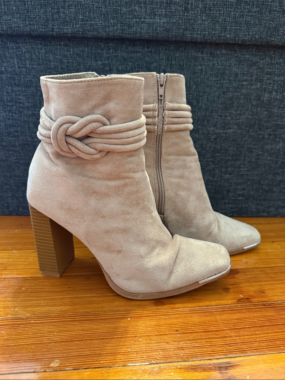 Yoki Taupe Knot-Trim Suede Block Heel Ankle Boots
